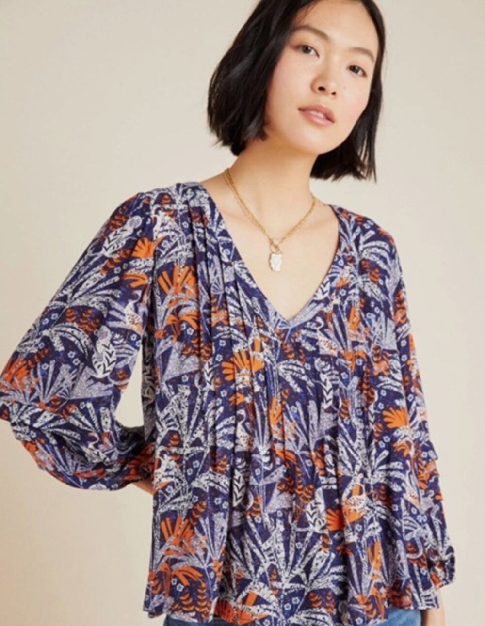 Anthropologie Maeve Sz S Cathy Navy Pleated Jungle Floral Peasant Blouse